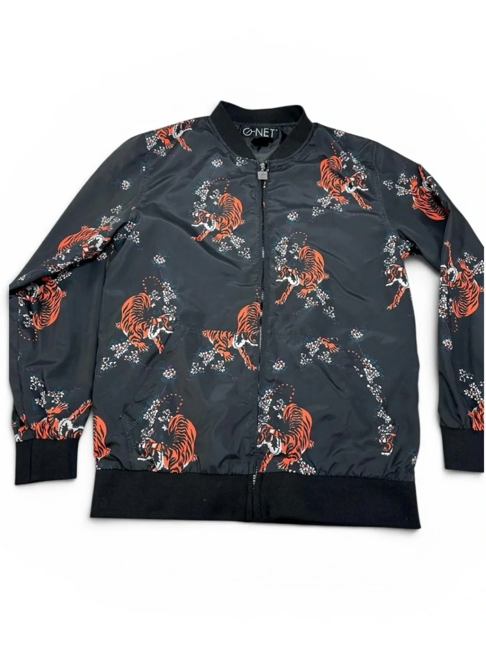 G-Net Black & Orange Tiger Floral Print Bomber Jacket Unisex Large - Extra Large